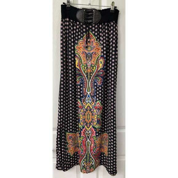 Magic black paisley boho hippie goth peasant maxi skirt elastic large vintage - Picture 2 of 4